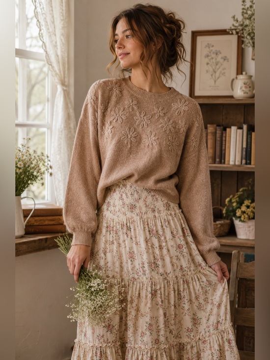 Polagram Sweaters - Polagram The Liza Floral Grandma Sweater Women's Tan w/Floral Embroidery Medium